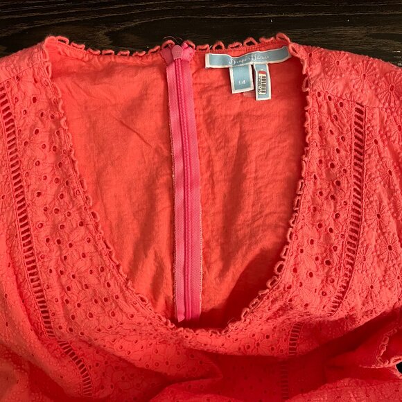 Draper James Dress 14-Pink Coral Midi Eyelet Fit & Flare Cotton Cottagecore Boho - Picture 7 of 8